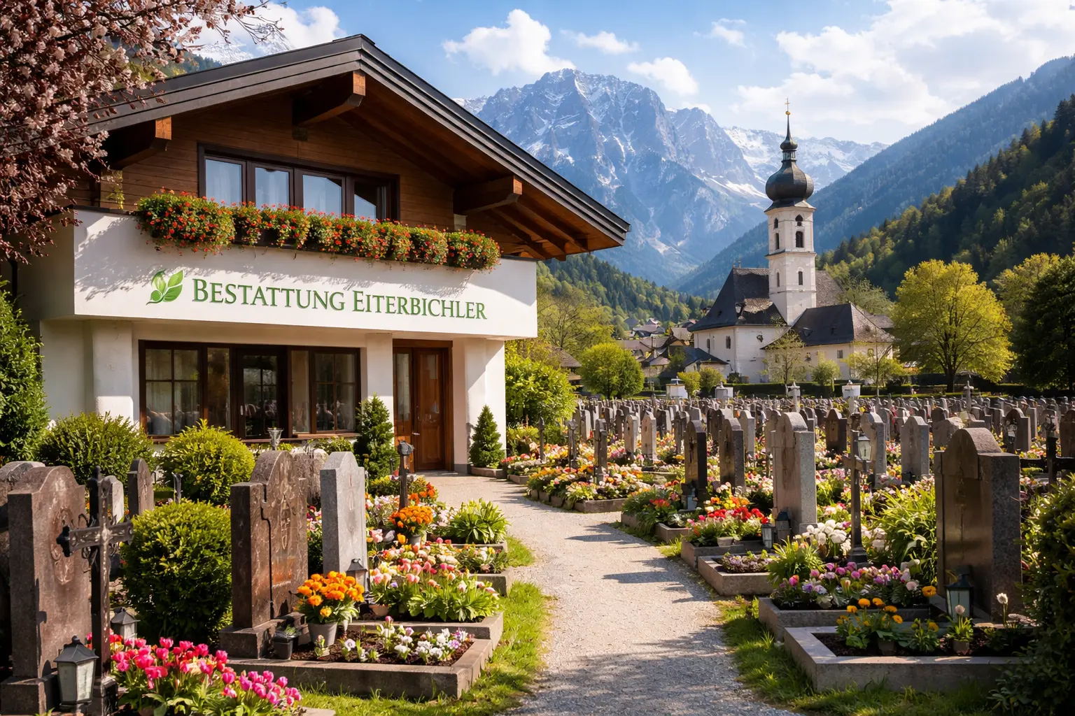 Bestattung Eiterbichler in Oberösterreich mit Friedhof, Grabsteinen und Kirche in alpiner Landschaft