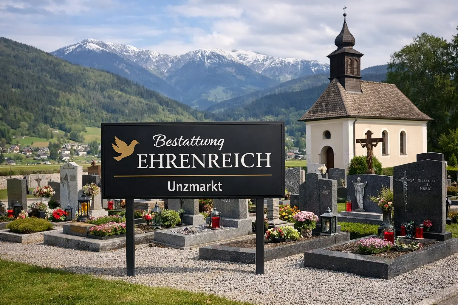 Bestattung Ehrenreich in Unzmarkt mit Friedhof, Grabsteinen und Kapelle vor Alpen in Styria