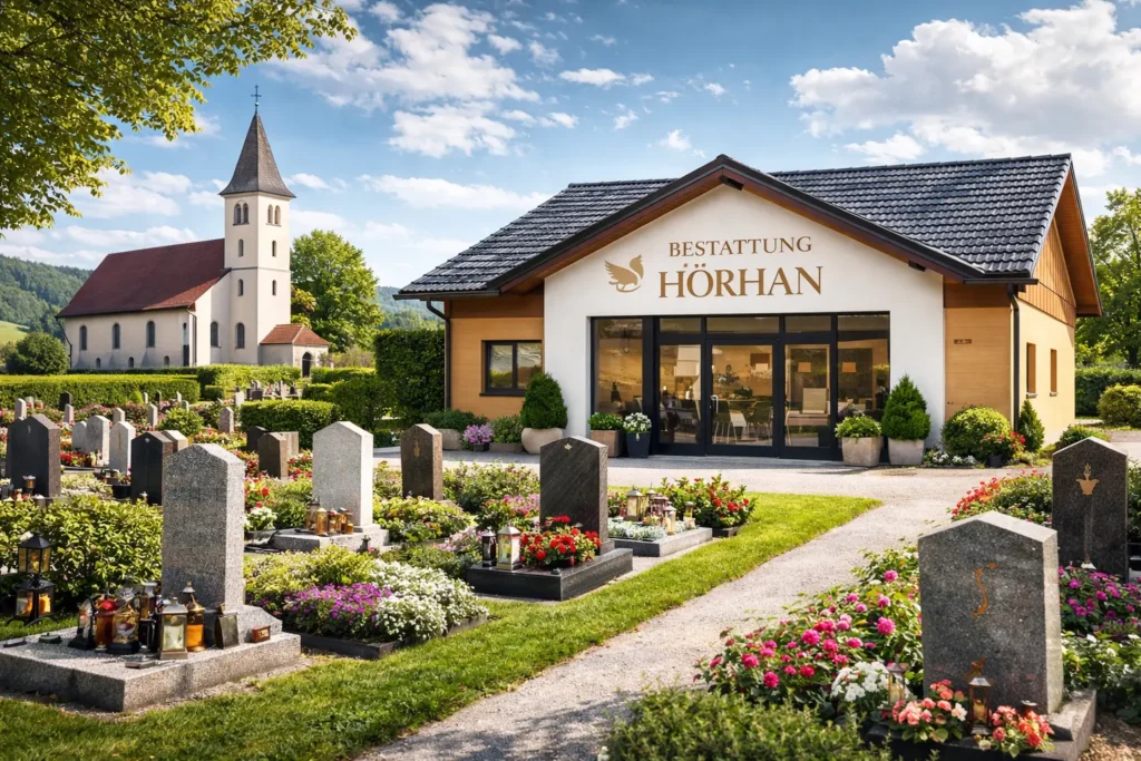 Bestattung Hörhan Oberndorf - Friedhof mit Grabsteinen, Blumen und Kirche in Niederösterreich