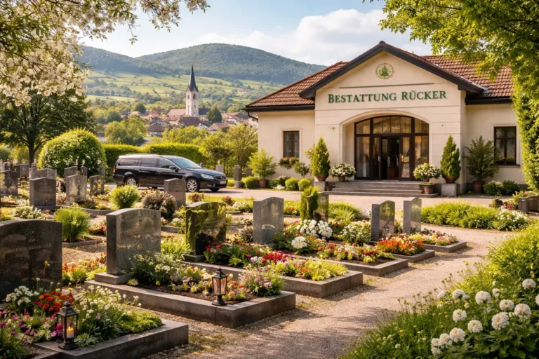 Bestattung Rücker Niederösterreich mit Friedhof, Grabsteinen, Blumen und Kirche