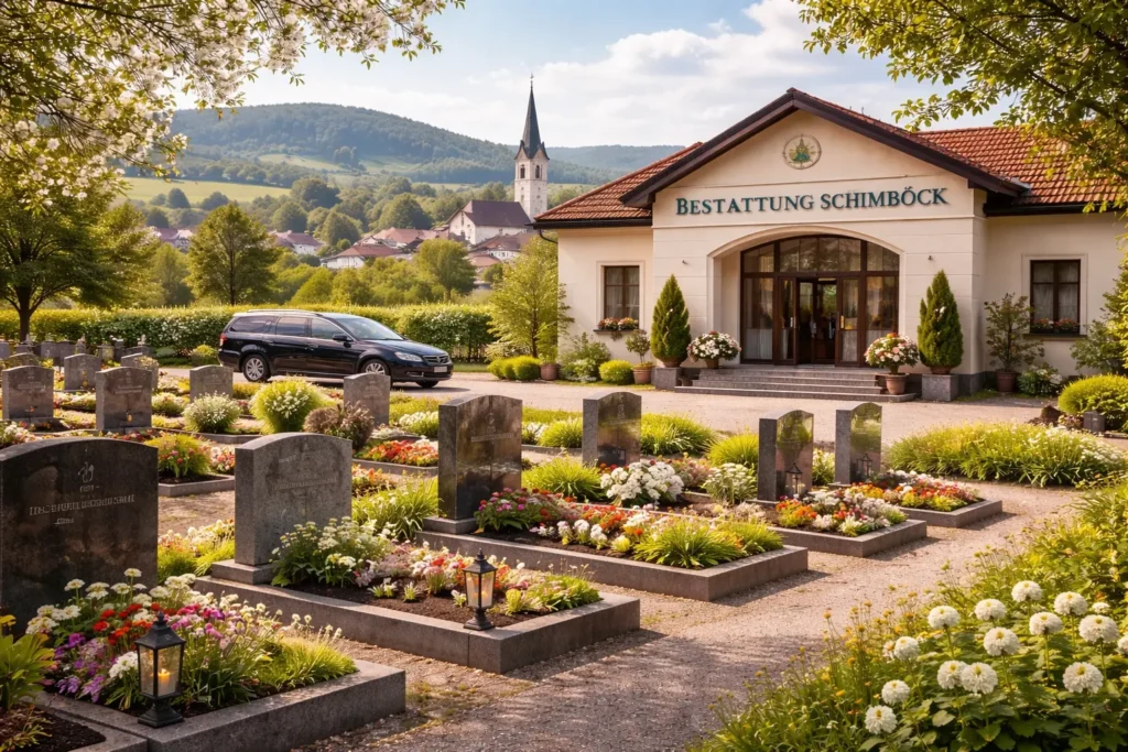 Bestattung Schimböck Weistrach mit Friedhof, Grabsteinen, Blumen und Kirche