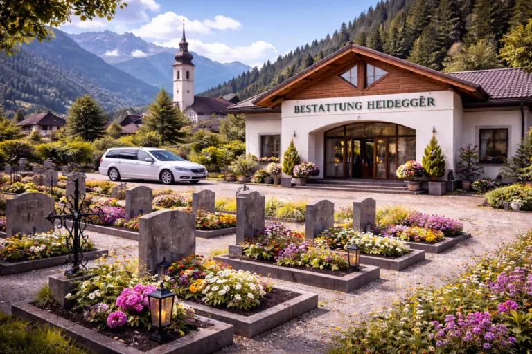 Bestattung Heidegger Tirol mit Friedhof, Blumen und weißem Bestattungswagen