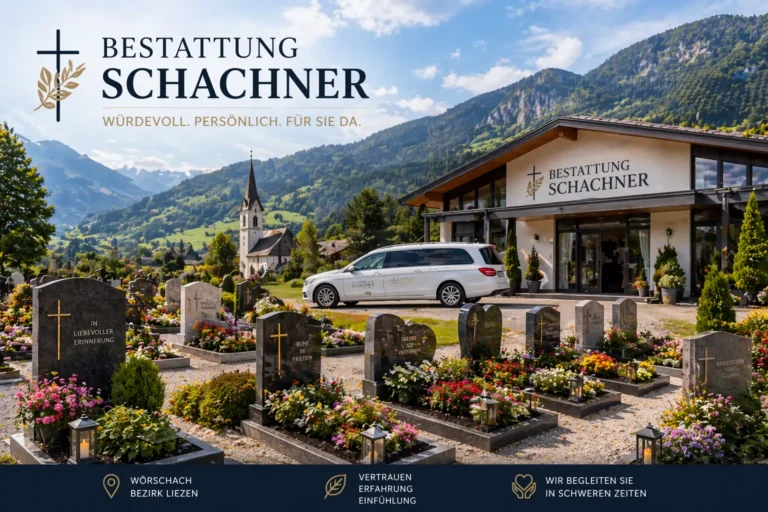 Bestattung Schachner Wörschach mit Friedhof, Blumen und Bestattungsfahrzeug