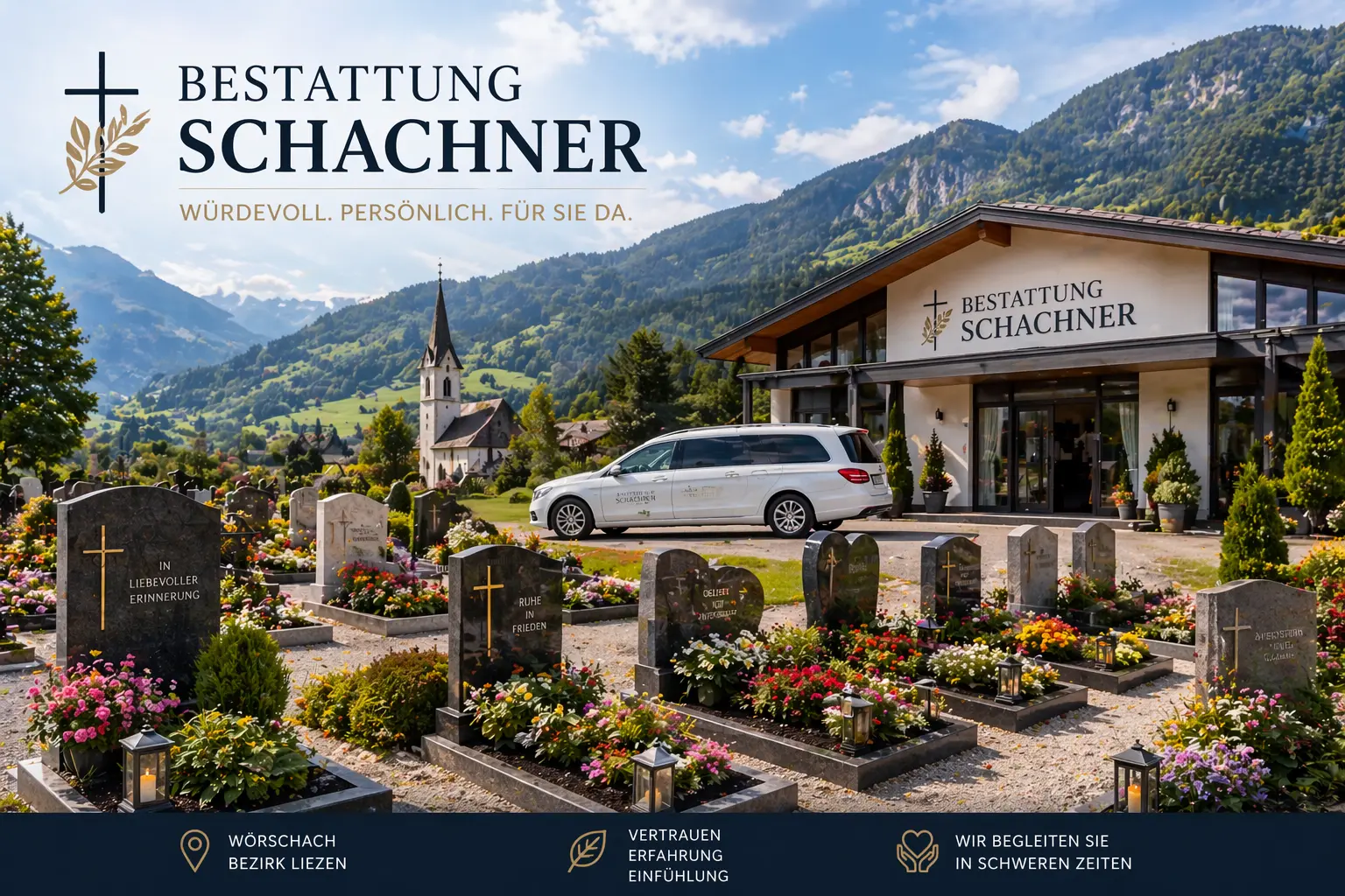 Bestattung Schachner Wörschach mit Friedhof, Blumen und Bestattungsfahrzeug