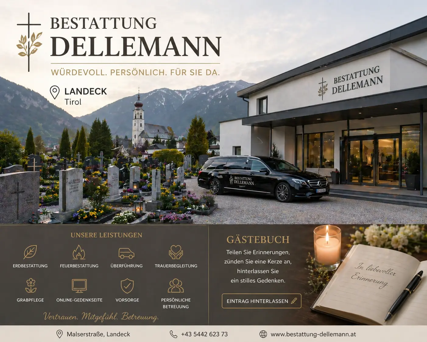 Bestattung Dellemann Landeck mit Friedhof, Blumen, Fahrzeug und Gästebuch