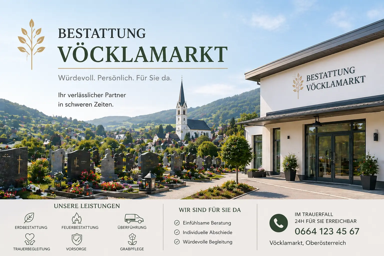 Bestattung Vöcklamarkt in Oberösterreich mit Friedhof, Grabsteinen und Blumen