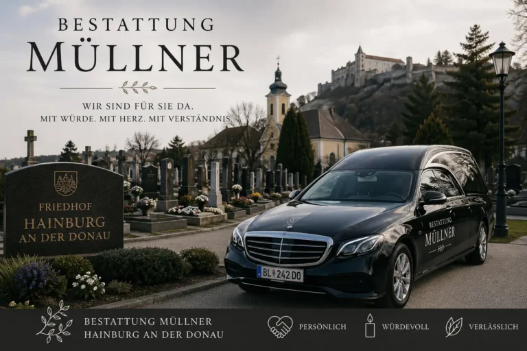 Schwarzer Mercedes Leichenwagen von Bestattung Müllner am Friedhof Hainburg an der Donau