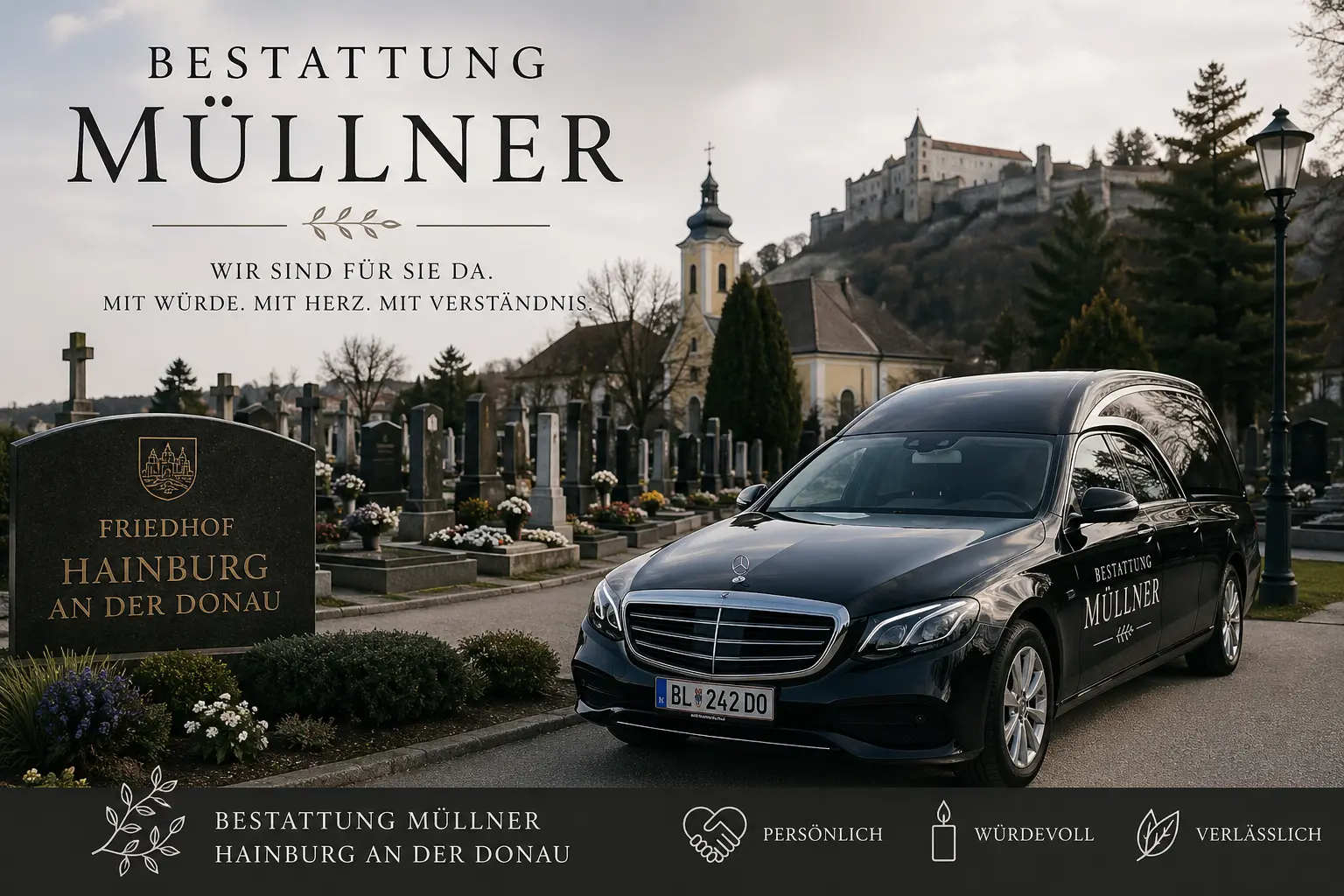 Schwarzer Mercedes Leichenwagen von Bestattung Müllner am Friedhof Hainburg an der Donau