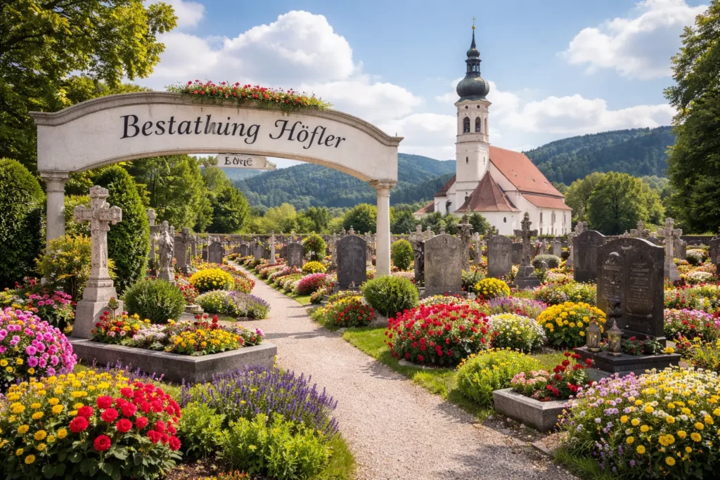 Bestattung Höfler auf gepflegtem Friedhof mit Kirche und Grabstätten