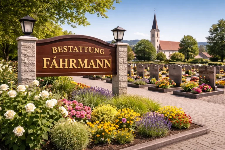 Bestattung Fährmann Schild auf Friedhof mit Grabsteinen und Kirche