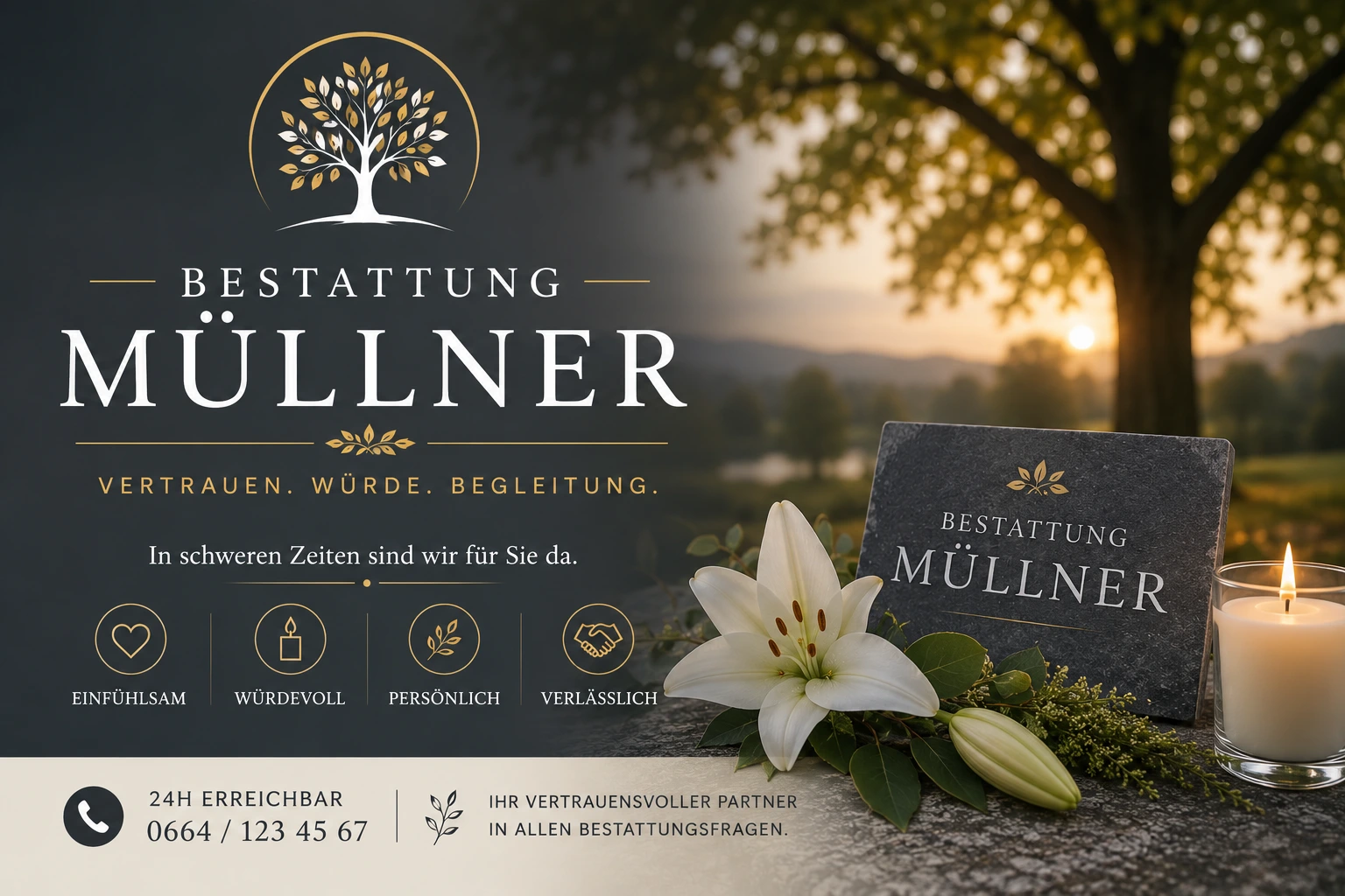 Bestattung Müllner mit weißer Lilie, Kerze und Baum im Abendlicht