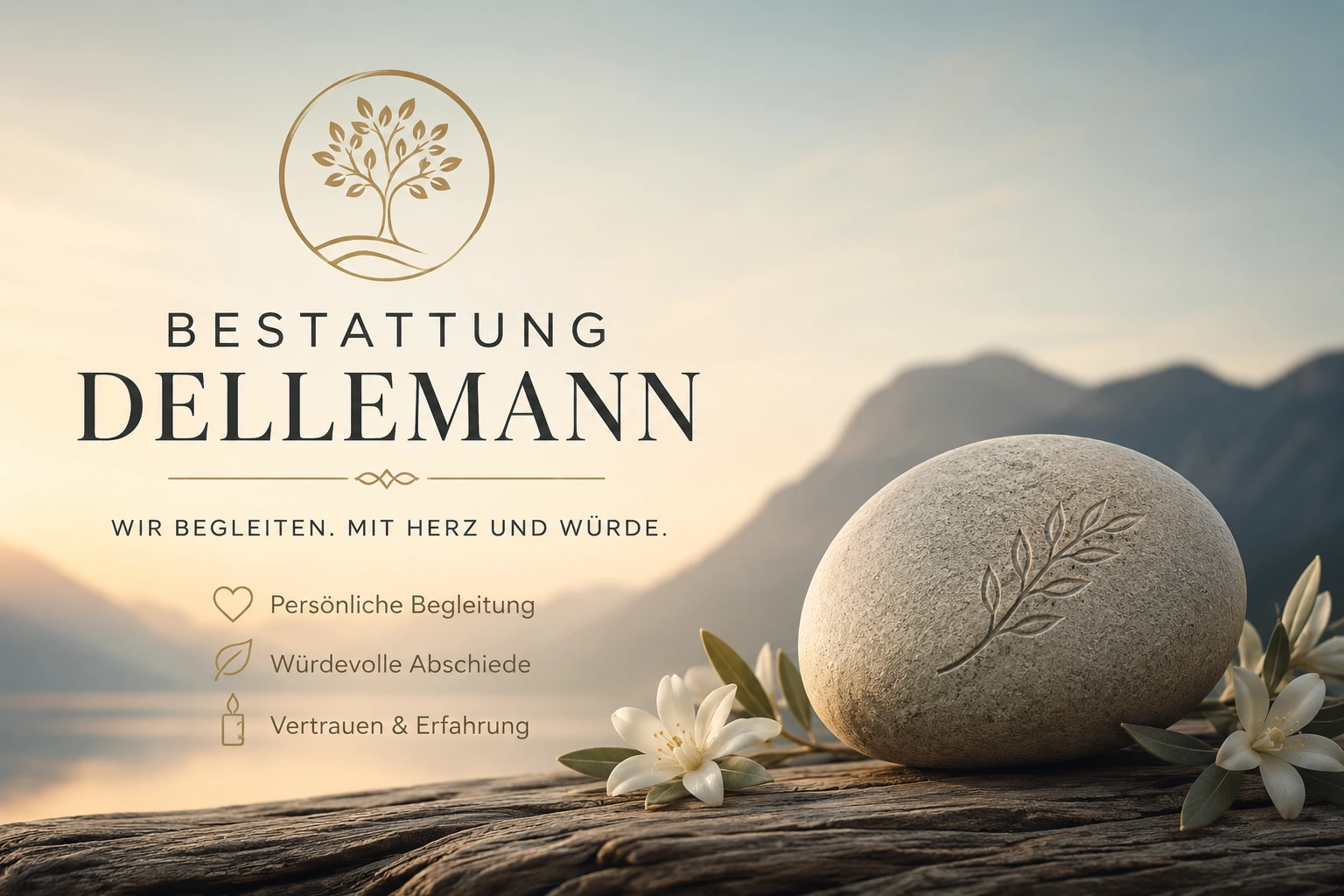 Bestattung Dellemann mit Gedenkstein, Blumen und Berglandschaft
