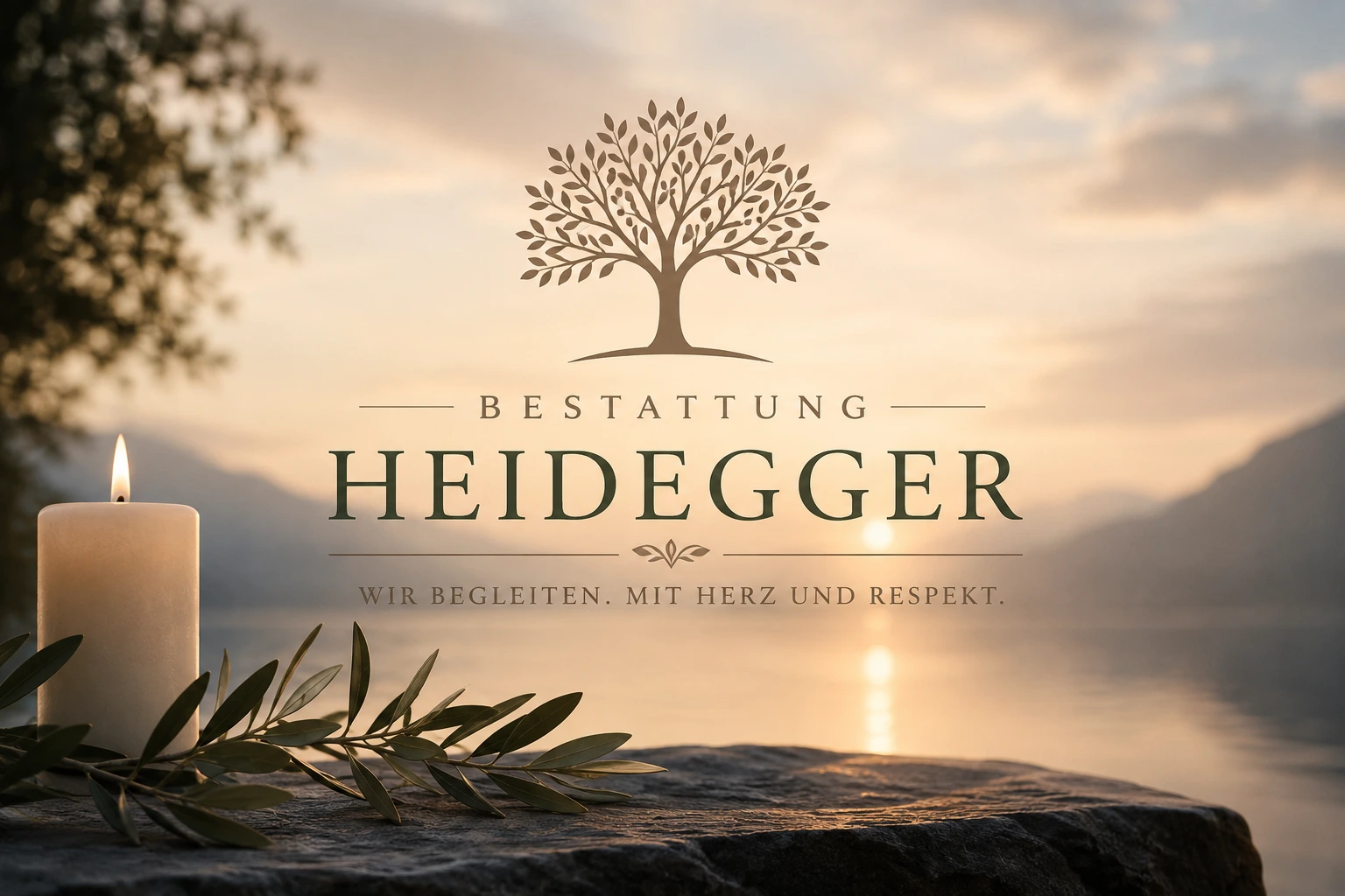Bestattung Heidegger mit Kerze, Olivenzweig und See im Abendlicht