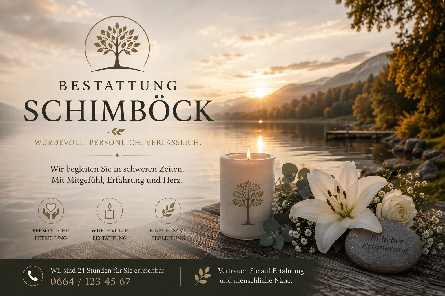 Bestattung Schimböck am See mit Kerze, Blumen und Berglandschaft