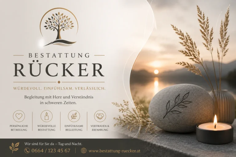Bestattung Rücker mit Kerze, Gedenkstein und ruhiger Berglandschaft