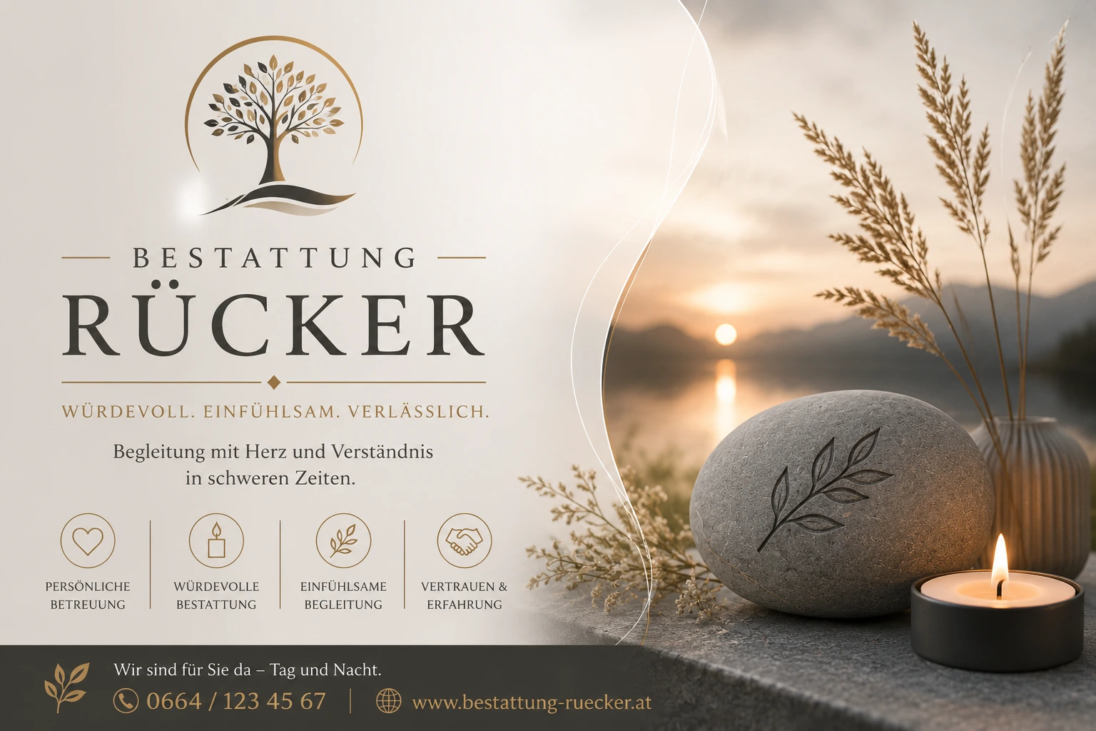 Bestattung Rücker mit Kerze, Gedenkstein und ruhiger Berglandschaft