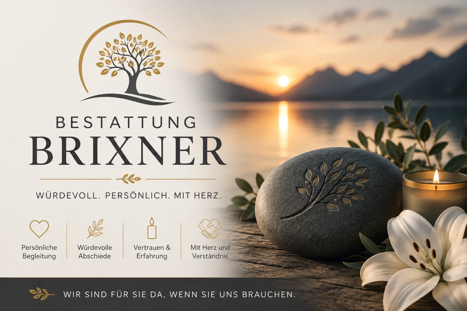 Bestattung Brixner mit Bergsee, Gedenkstein, Kerze und Blume