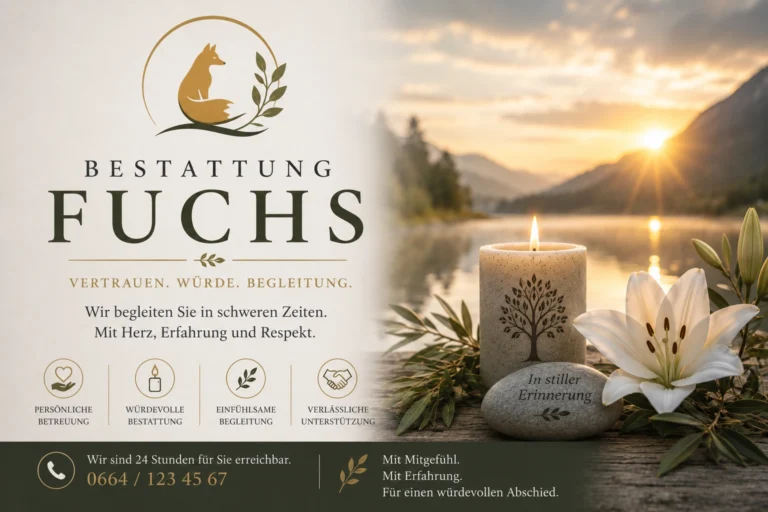 Bestattung Fuchs mit Kerze, Lilie und Berglandschaft