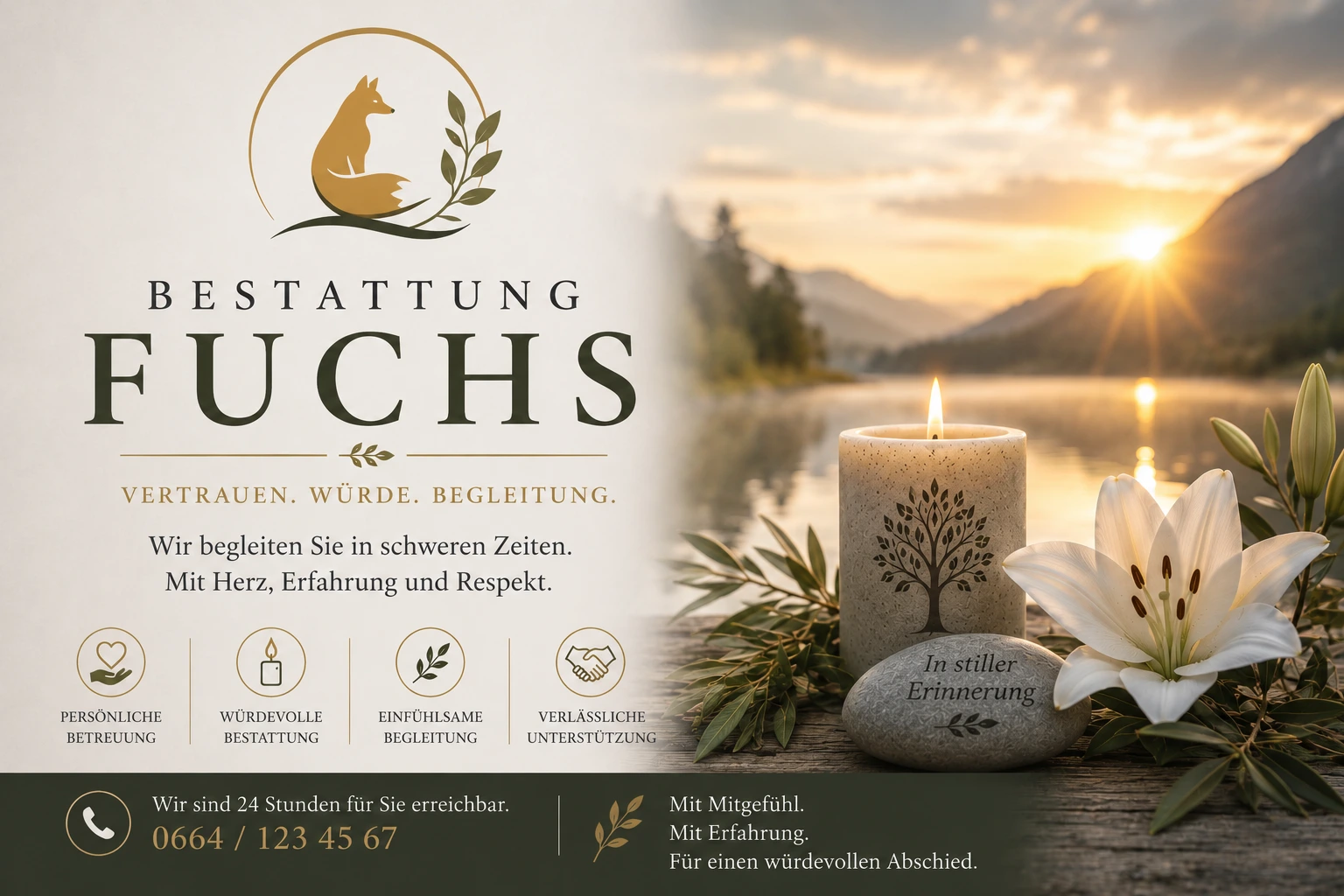 Bestattung Fuchs mit Kerze, Lilie und Berglandschaft