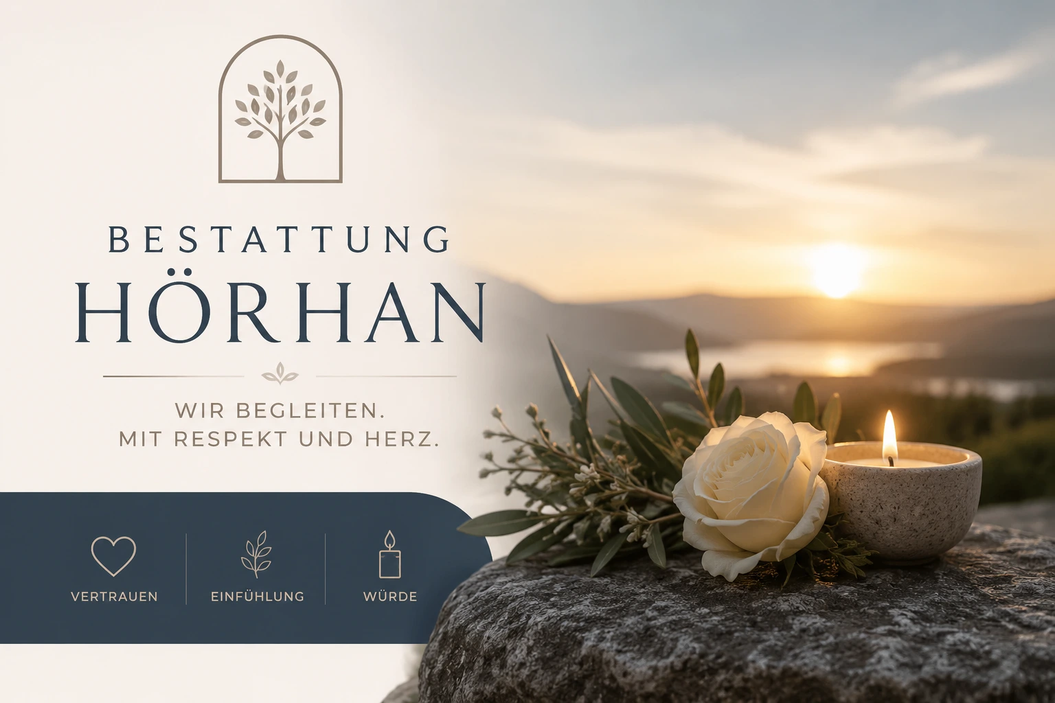 Bestattung Hörhan mit Trauerkerze und weißer Rose