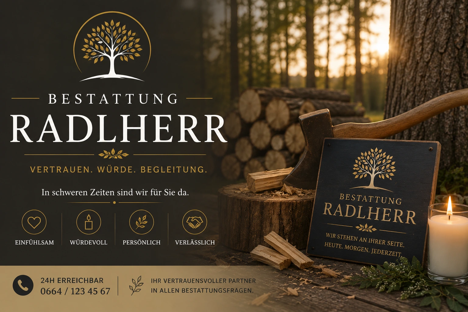 Bestattung Radlherr mit Holz, Axt, Wald und Kerze