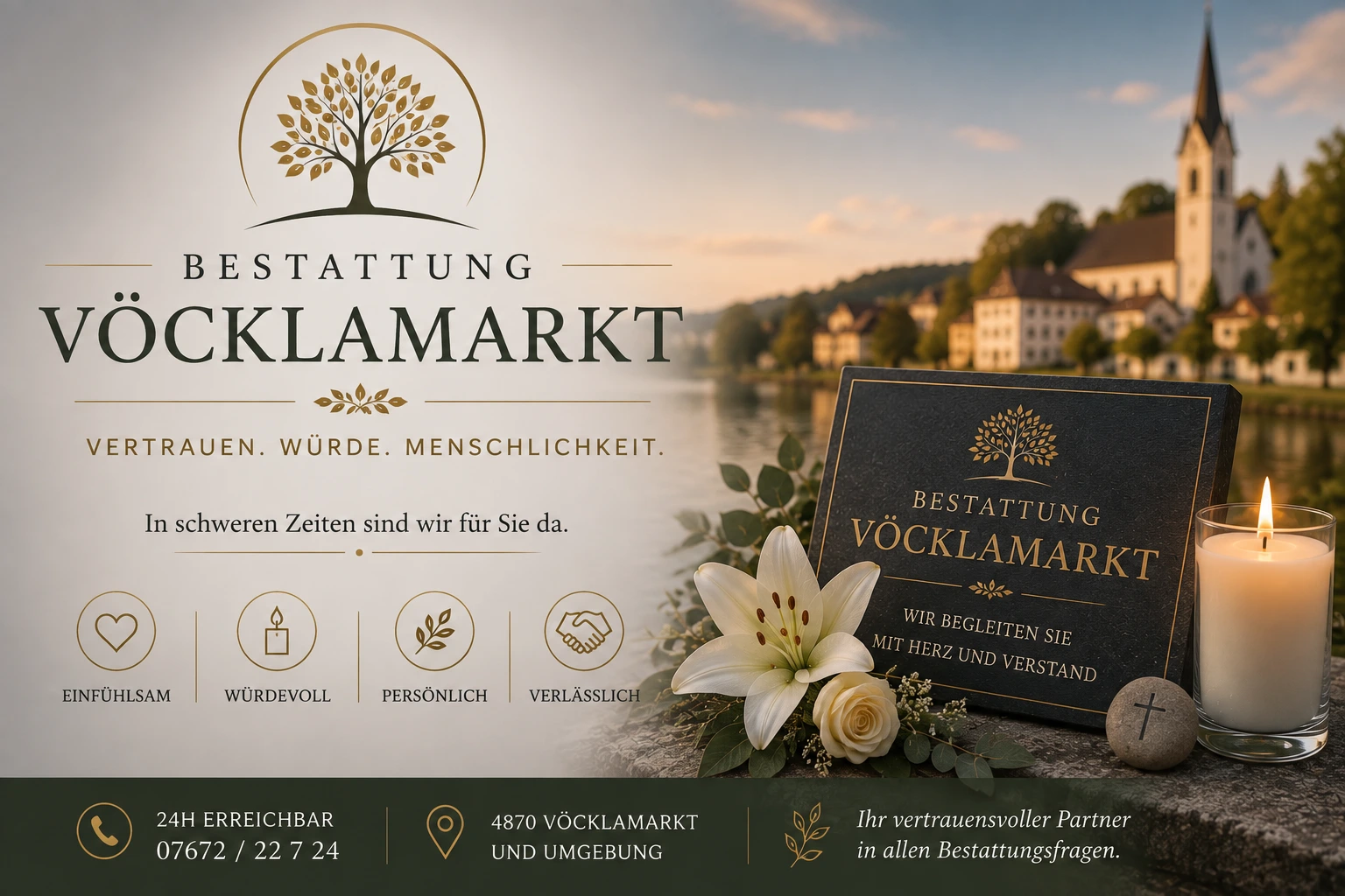 Bestattung Vöcklamarkt mit Kerze, Lilien und stimmungsvoller Ortsansicht
