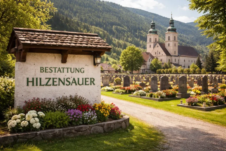 Bestattung Hilzensauer Friedhof in Gurktal mit Grabsteinen, Blumen und Kirche