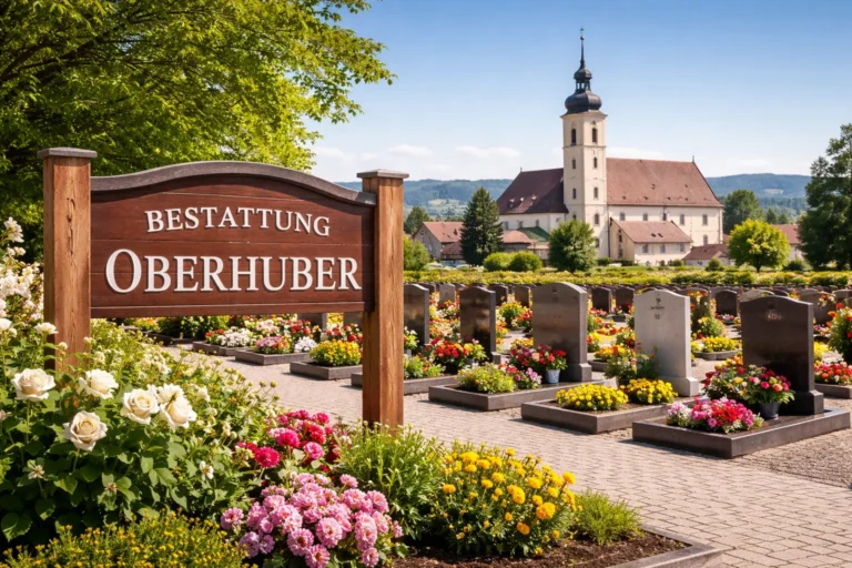 Bestattung Oberhuber Schild auf Friedhof in Neuhofen mit Grabsteinen und Kirche