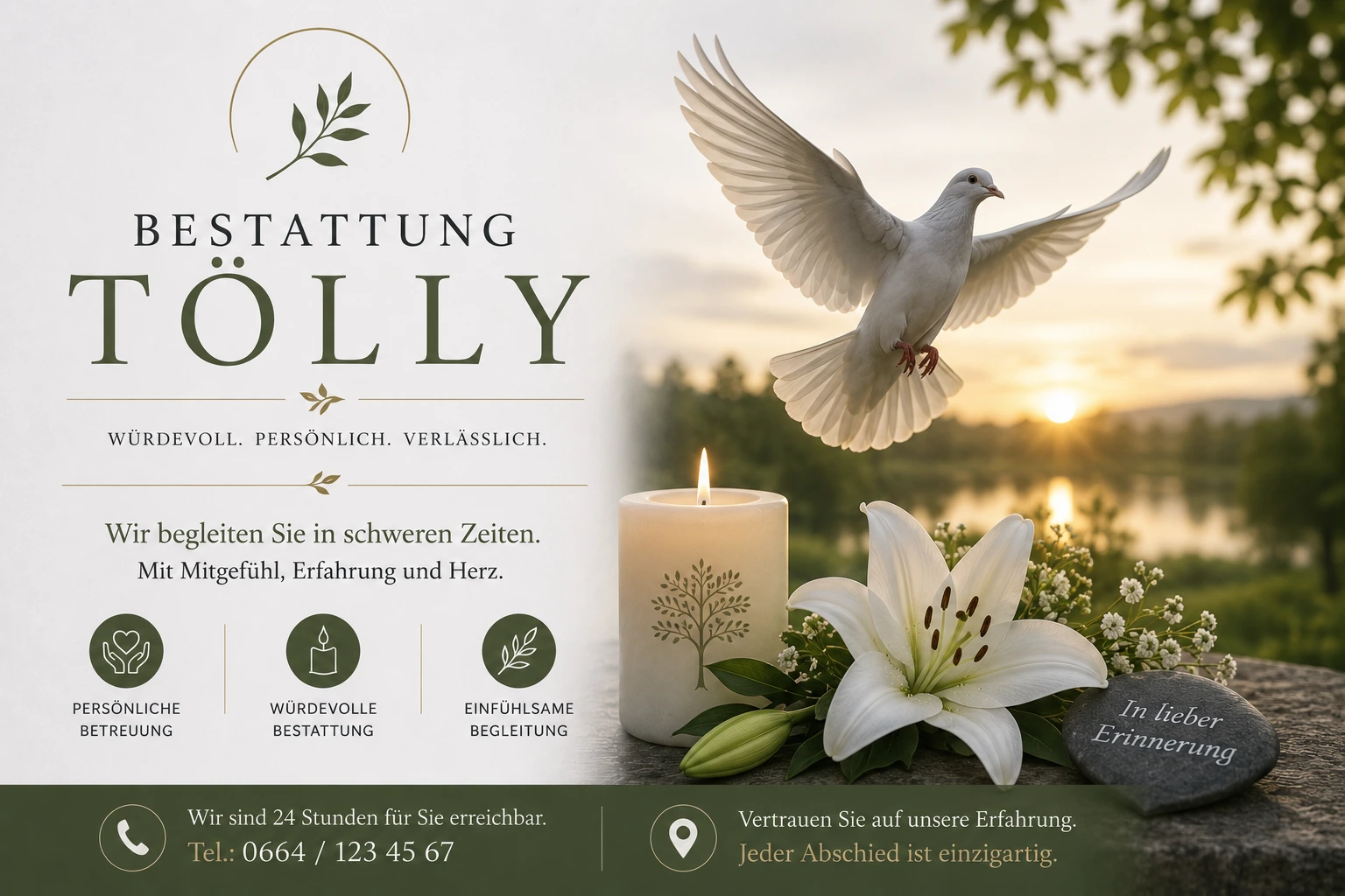 Bestattung Tölly mit Taube, Kerze und Lilie