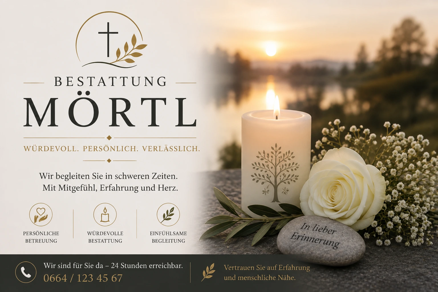 Bestattung Mörtl mit Gedenkkerze und weißer Rose