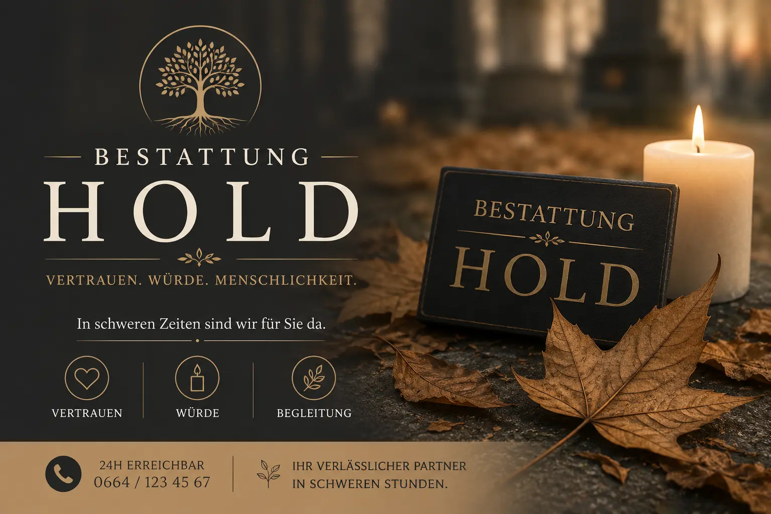 Bestattung Hold mit Kerze und Herbstblättern
