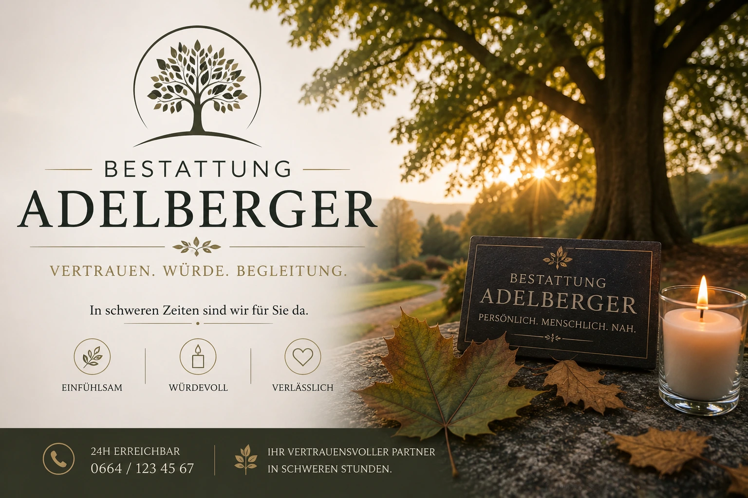 Bestattung Adelberger mit Kerze und Herbstblättern