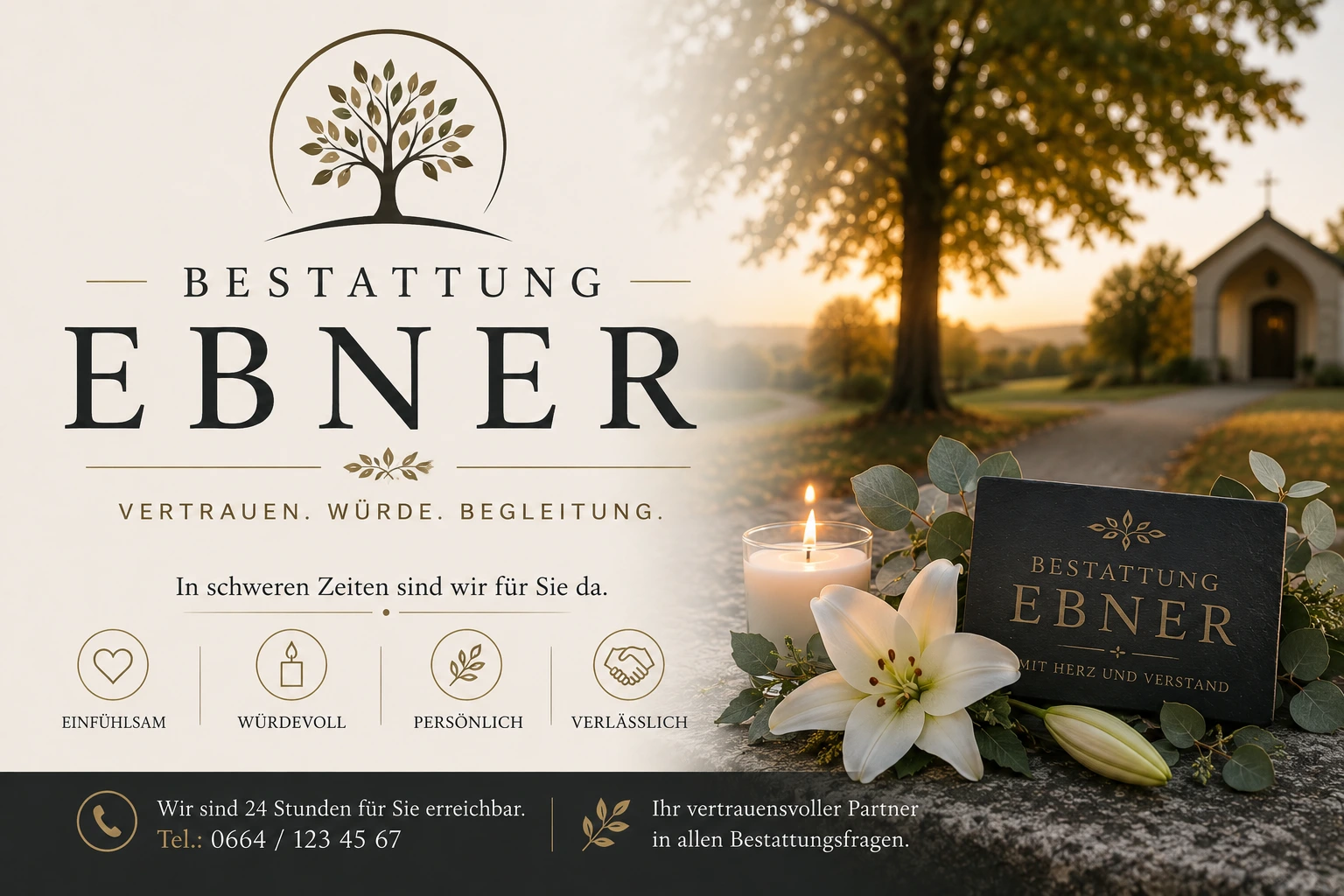 Bestattung Ebner mit Baum, Kerze und weißer Lilie