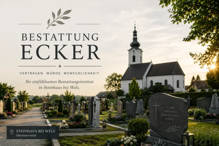 Bestattung Ecker : einfühlsames Bestattungsinstitut in Steinhaus bei Wels 6 Bestattung Ecker in Steinhaus bei Wels mit Friedhof, Grabsteinen und Kirche bei Sonnenuntergang