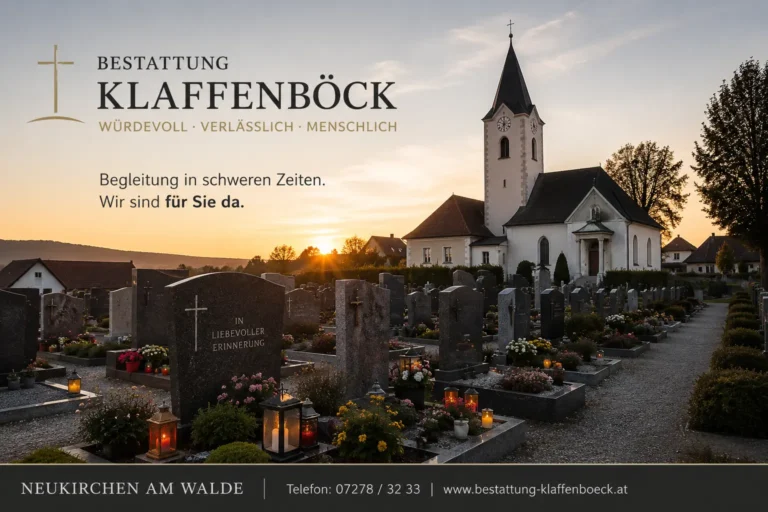 Bestattung Klaffenböck e.U. : Ihr einfühlsamer Bestattungspartner in Neukirchen am Walde 5 Bestattung Klaffenböck Friedhof mit Grabstätten, Blumen und Kirche im Sonnenuntergang