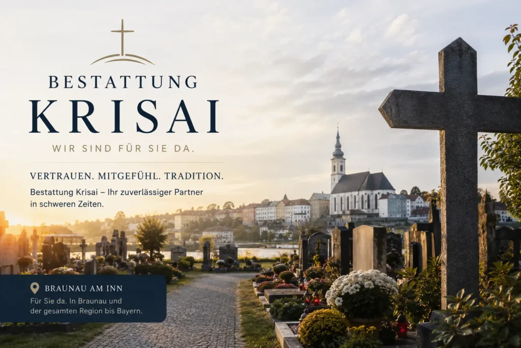 Bestattung Krisai in Braunau am Inn mit Friedhof, Grabsteinen und Kirche bei Sonnenuntergang.