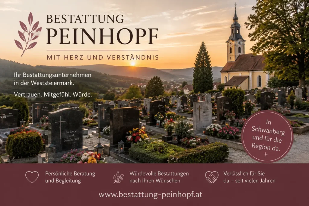 Bestattung Peinhopf in Schwanberg mit Friedhof, Grabsteinen und Kirche bei Sonnenuntergang