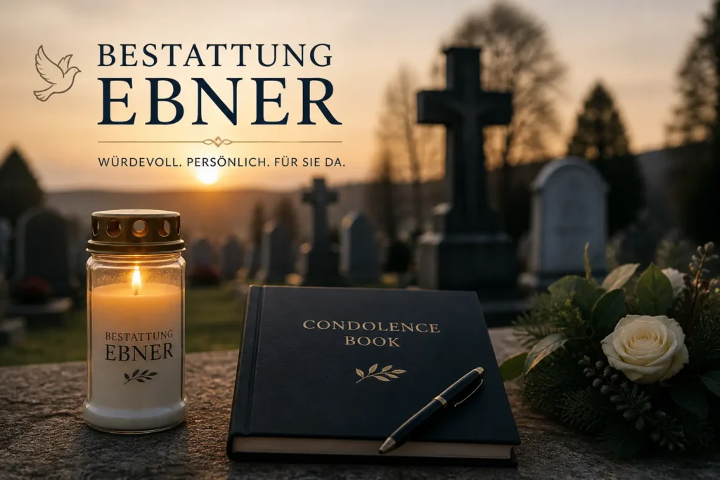Bestattung Ebner am Friedhof mit Grabsteinen, Kondolenzbuch und Gedenkkerze bei Sonnenuntergang