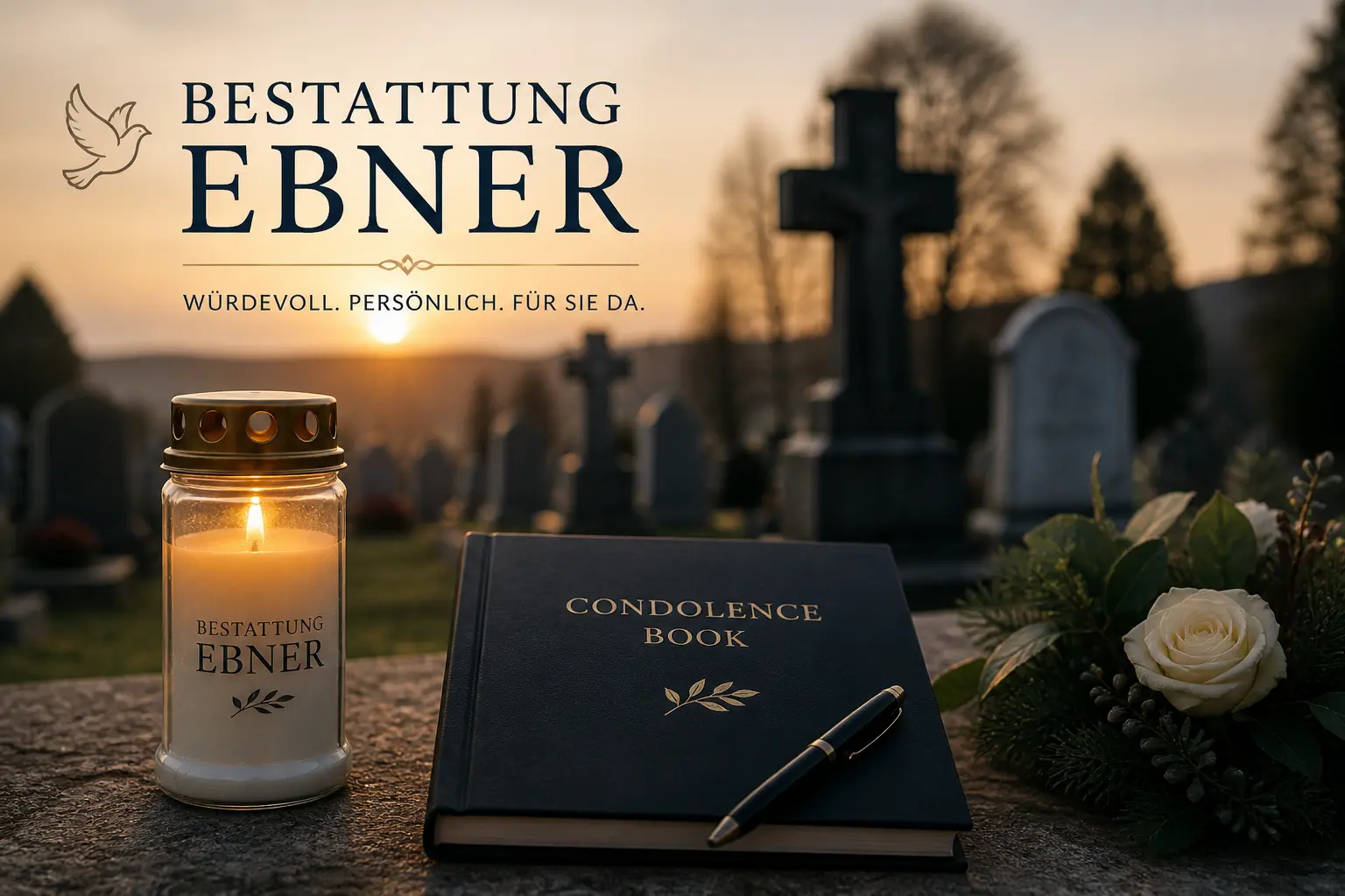 Bestattung Ebner am Friedhof mit Grabsteinen, Kondolenzbuch und Gedenkkerze bei Sonnenuntergang
