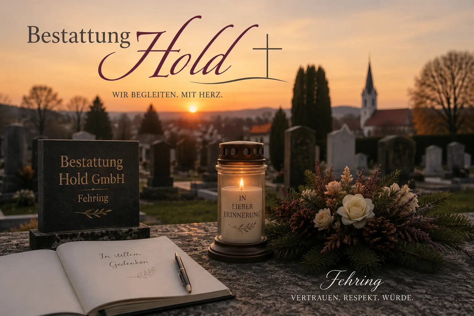 Bestattung Hold in Fehring mit Friedhof, Gedenkkerze und Kondolenzbuch bei Sonnenuntergang