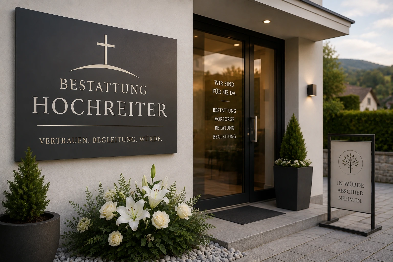 Bestattung Hochreiter - modernes Bestattungsinstitut mit stilvollem Eingangsbereich
