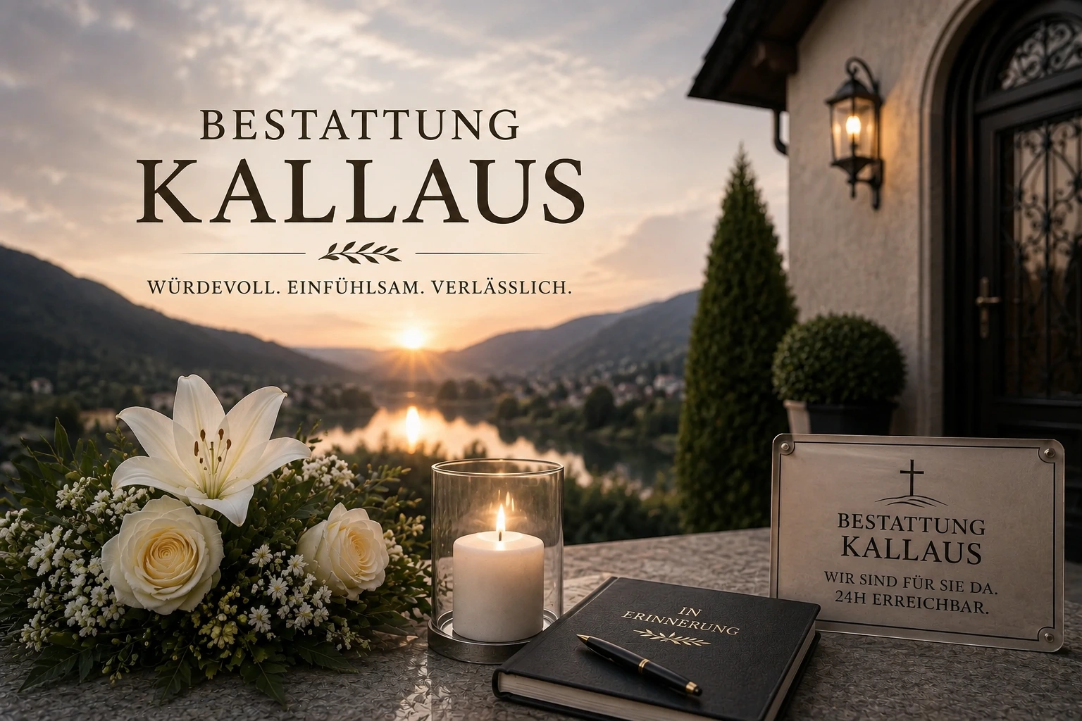 Bestattung Kallaus mit Trauerkerze, weißen Lilien und Gedenkbuch
