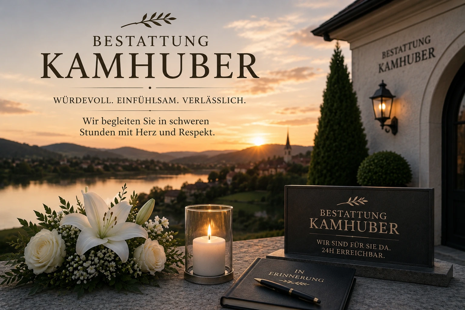 Bestattung Kamhuber mit Trauerkerze, weißen Lilien und Gedenkbuch