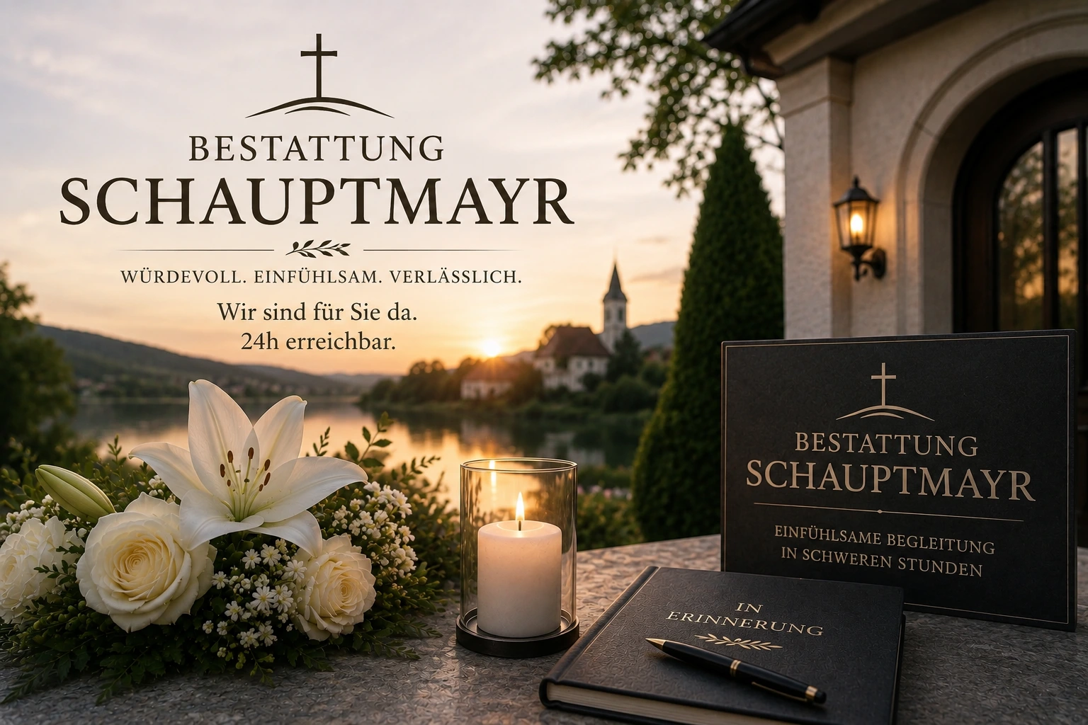 Bestattung Schauptmayr mit Trauerkerze, weißen Lilien und Gedenkbuch