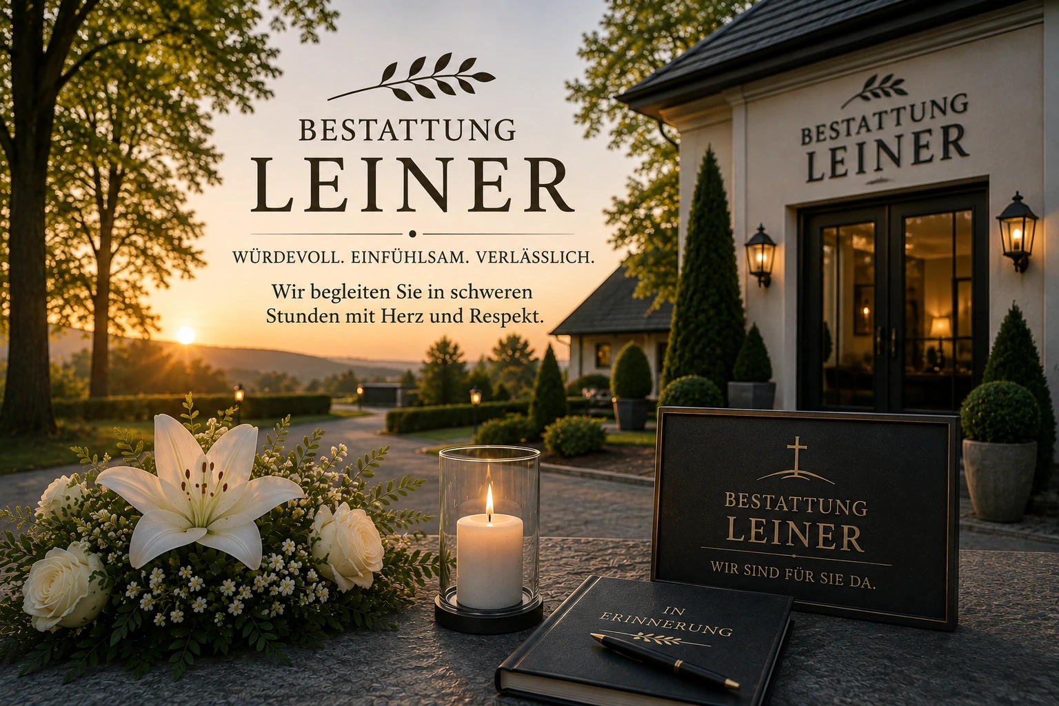 Bestattung Leiner mit Lilien, Kerze und würdevoller Atmosphäre