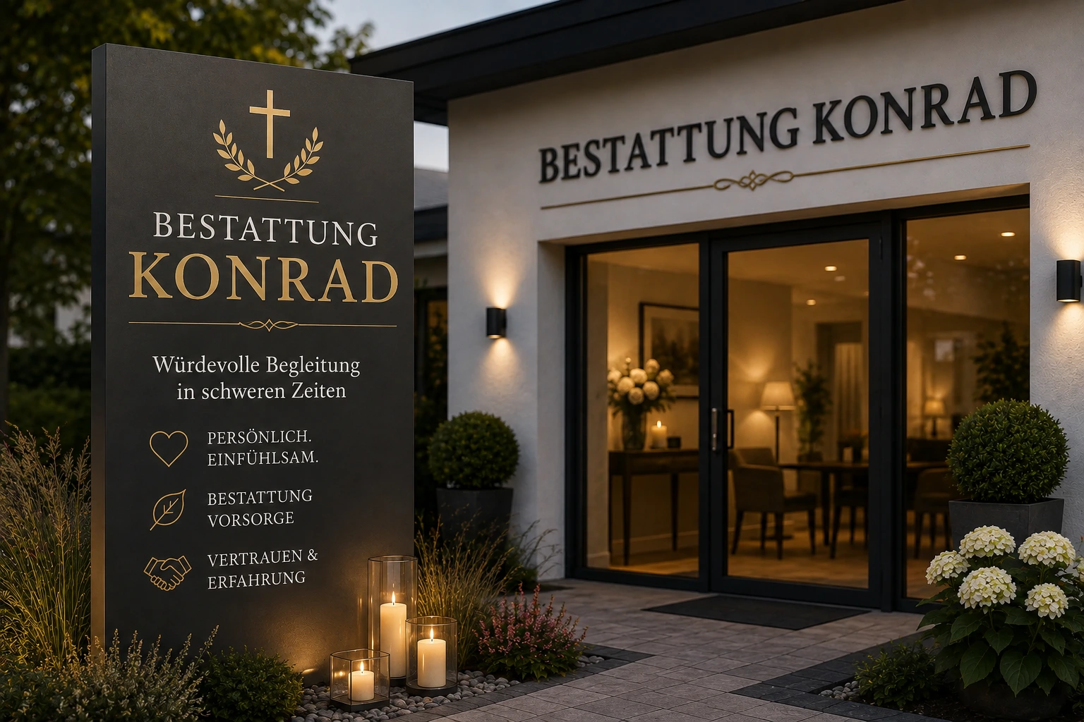 Bestattung Konrad mit modernem Bestattungsinstitut, Kerzen und würdevoller Atmosphäre