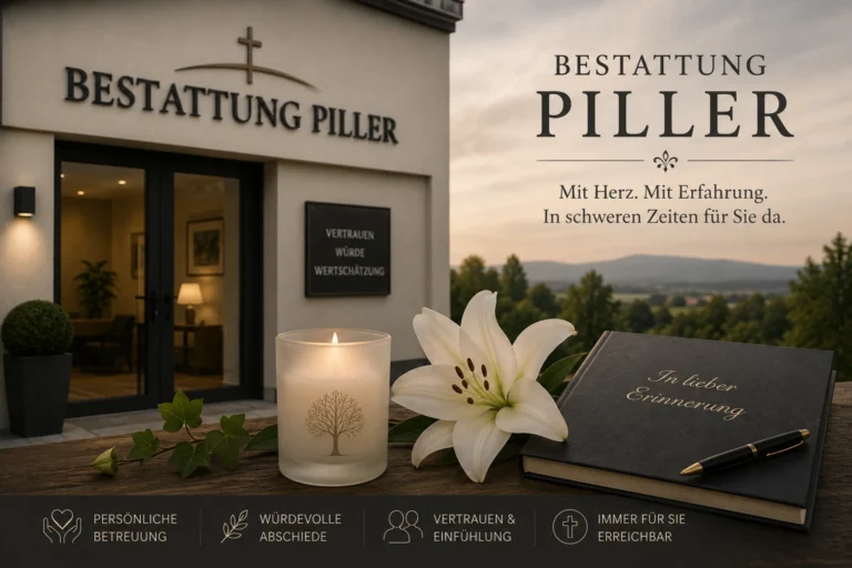 Bestattung Piller mit Kerze, Lilie und Gedenkbuch