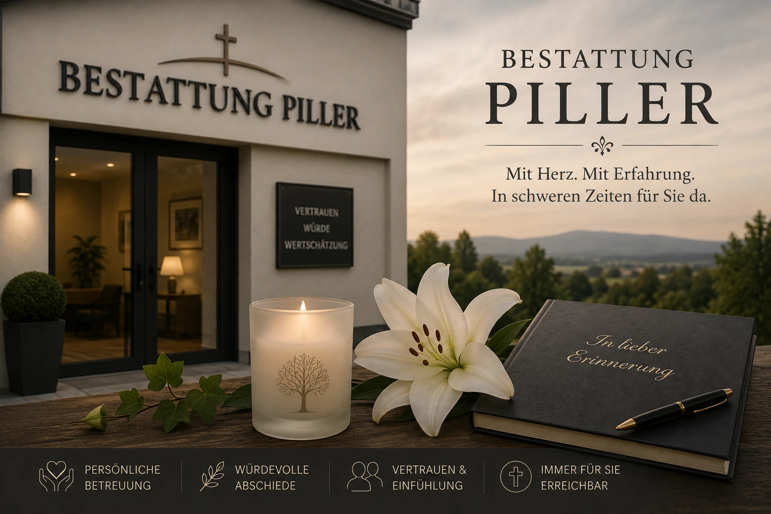 Bestattung Piller mit Kerze, Lilie und Gedenkbuch