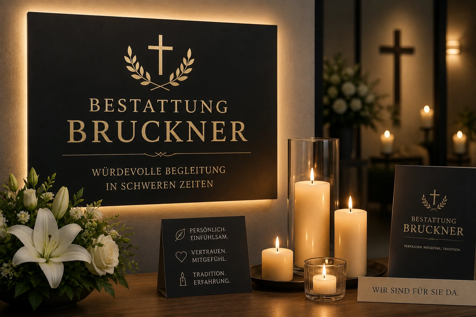 Bestattung Bruckner mit Trauerkerzen, weißen Lilien und stilvollem Gedenkbereich