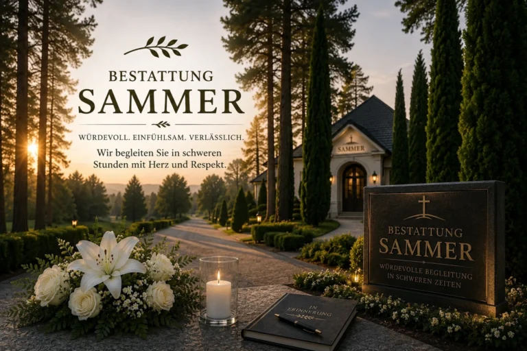 Bestattung Sammer mit hohen Bäumen, Trauerkerze, weißen Lilien und stilvoller Gedenkstätte